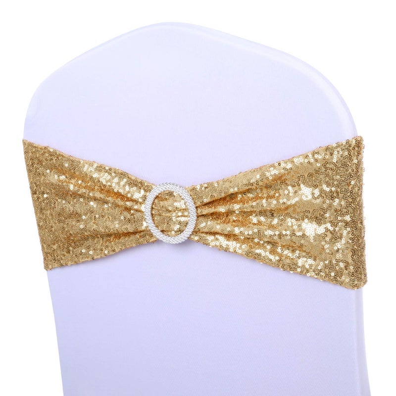 ANMINY Pack of 50 All Around Sequin Chair Sashes With Bows Stretchy Spandex Decorative Shiny Sparkly Sash Band For Banquet Chair Cover Romantic Wedding Party Ceremony Home Decoration, Light Gold - Image 1